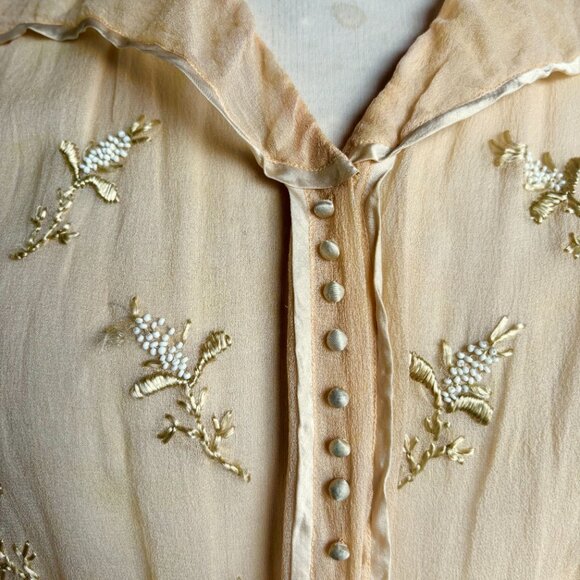Antique Edwardian Silk Chiffon Embroidered Shirtwaist Blouse - Picture 5 of 12